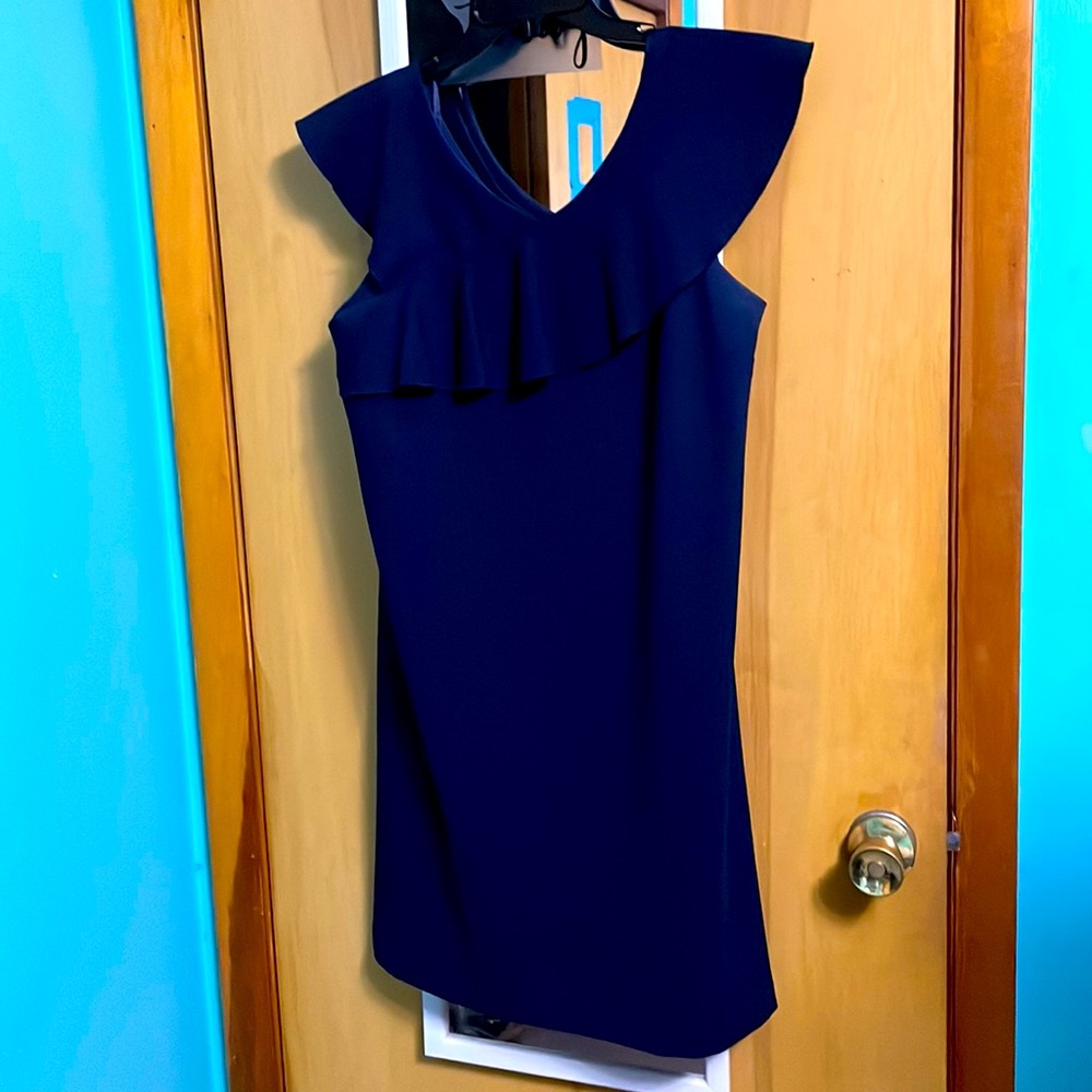 Navy blue dress with ruffle collar.